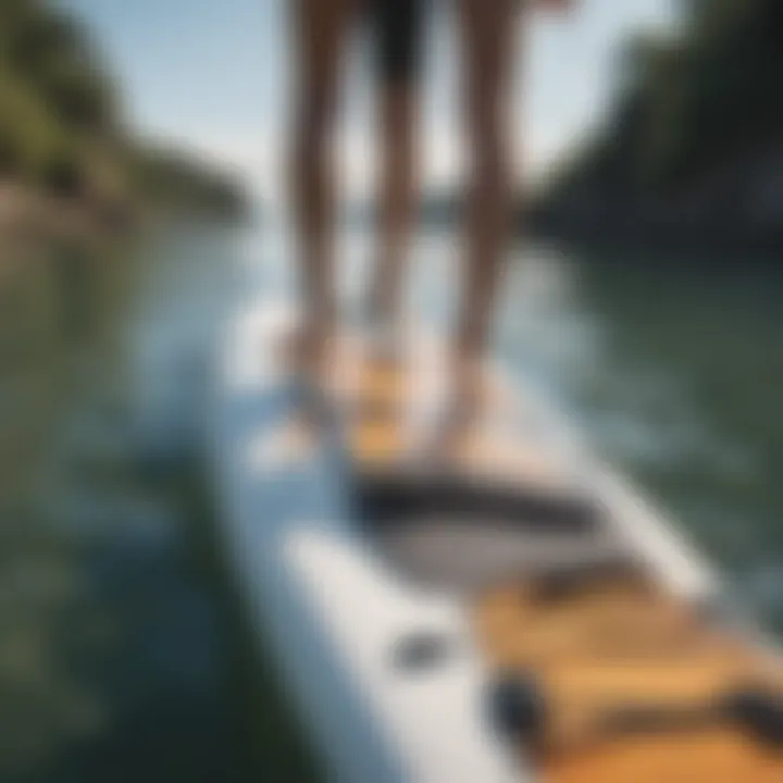 A close-up of essential paddleboarding equipment, highlighting the paddle, board, and safety gear.