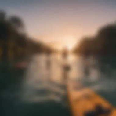 A group of paddleboarders enjoying a sunset paddle session, showcasing the social aspect of the sport.