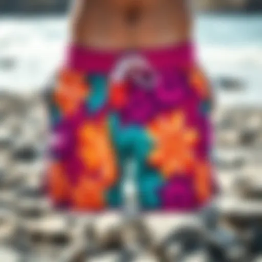 Vibrant board shorts displayed on a rocky beach