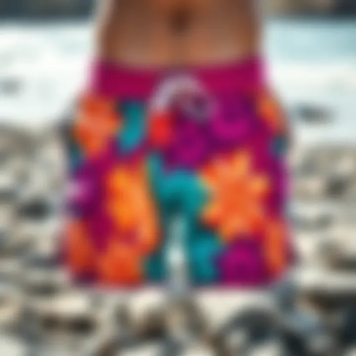 Vibrant Board Shorts on Display Vibrant board shorts displayed on a rocky beach