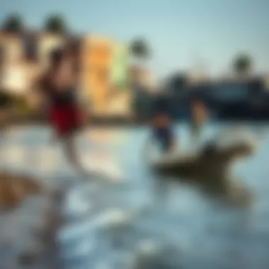 Cultural Exchange at the Shore Local fishermen and surfers interacting in a charming village