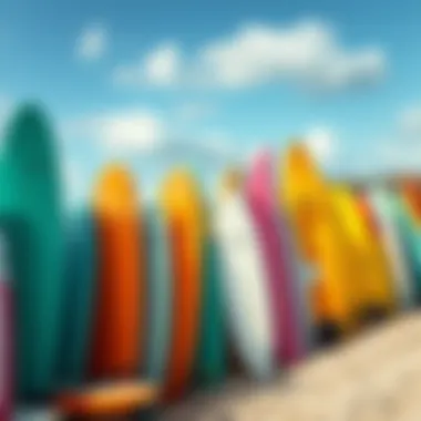 Vibrant Surf Culture Colorful surfboards lined up on a vibrant beach