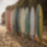 Different types of surfboards lined up on a sandy beach
