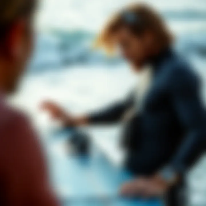 Evaluating Foil Surfboard Features An individual analyzing the features of a foil surfboard