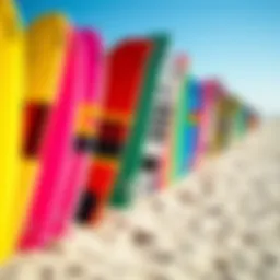 Colorful beach boogie boards lined up on the sand