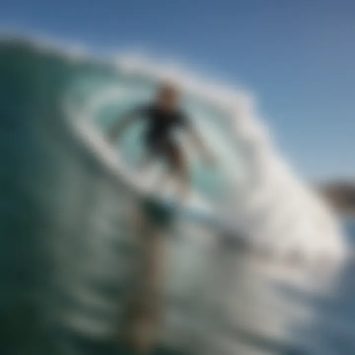 Close-up of a surfer riding a powerful wave in California