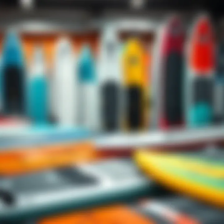Variety of Paddle Boards Available An assortment of inflatable stand up paddle boards displayed in a retail setting