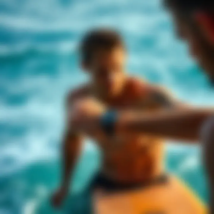 Surf Conditions Monitoring Surfer checking smartwatch for wave conditions in the ocean