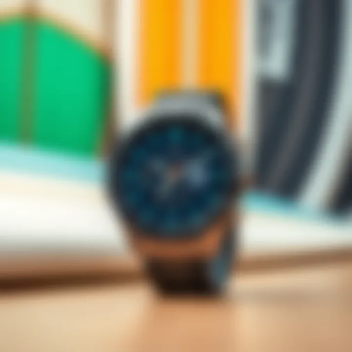 Surfing Lifestyle Accessory Stylish smartwatch displayed against a backdrop of surfboards