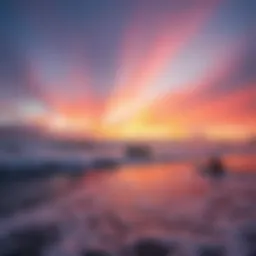 Vibrant sunset over Kuta Beach with surfers riding the waves