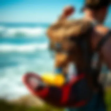Surfer packing essentials into a Billabong surf backpack