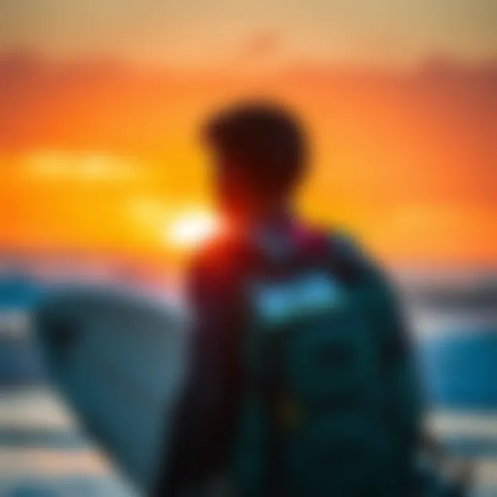 A panoramic view of a surfer with a Billabong backpack against a stunning sunset