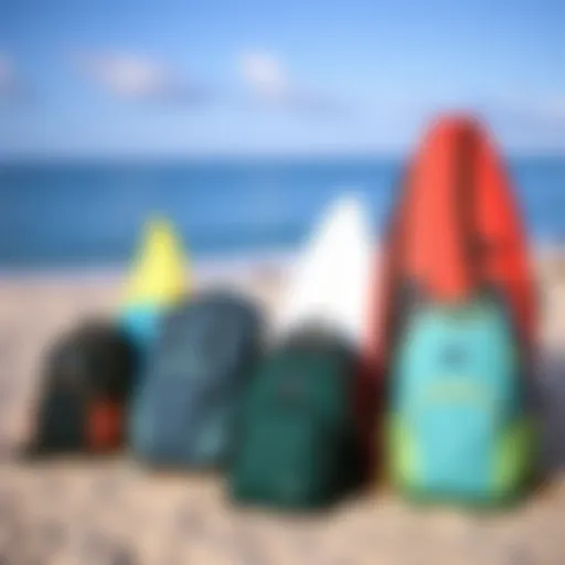 Diverse range of Billabong surf backpacks displayed on a sandy beach