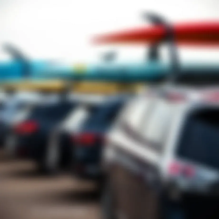 Various surfboard car racks displayed on vehicles