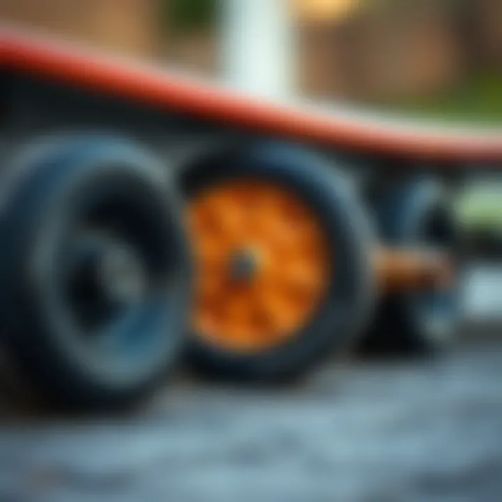 Close-up of longboard wheels highlighting material and size variations