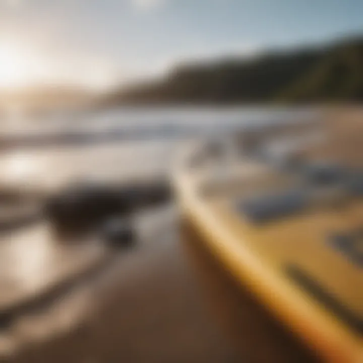 Close-up of paddle and surfboard equipment