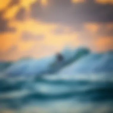 A surfer catching a wave at sunset