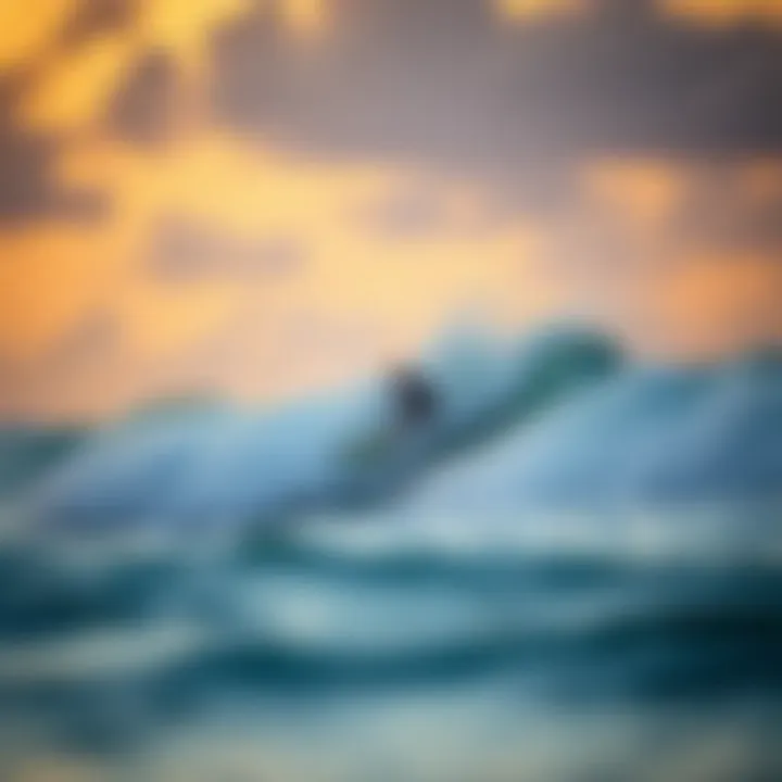 A surfer catching a wave at sunset