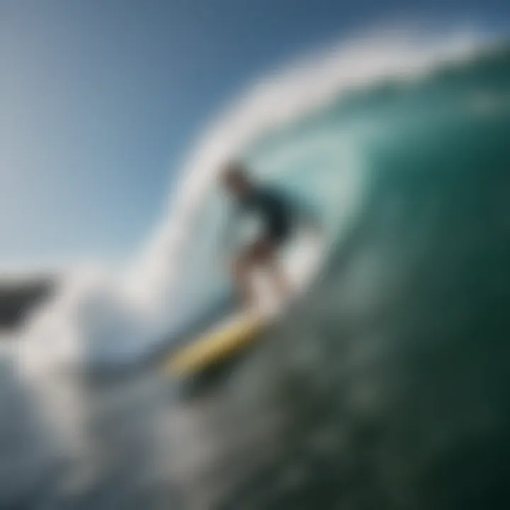 An action shot of a surfer riding a wave on a foam surfboard.