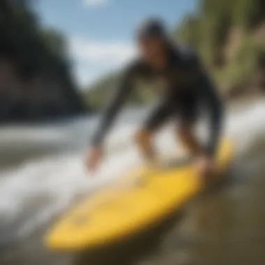 Essential gear for river surfing showcased on the shore.