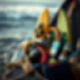 A well-organized surfing kit showcasing various essential equipment