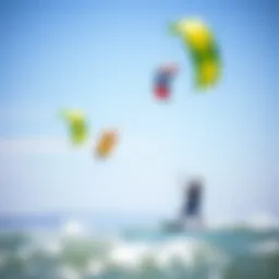 Kitesurfing class in action with vibrant kites against the sky