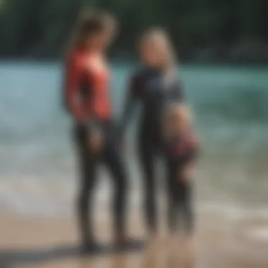 Parent measuring child for wetsuit size selection