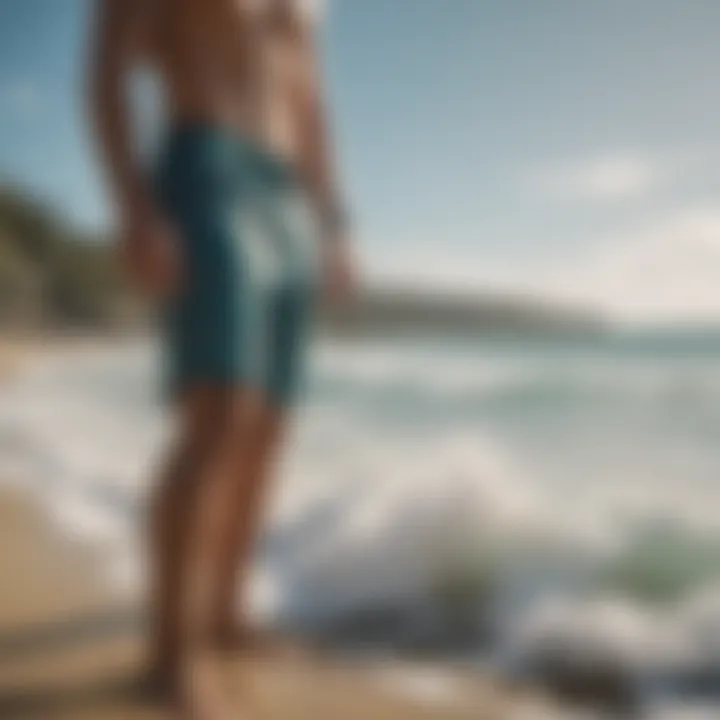 Fashionable surf board shorts worn in an ocean setting emphasizing style.