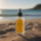 Close-up of Sun Bum Hand Sanitizer Spray bottle with ocean backdrop