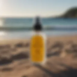 Close-up of Sun Bum Hand Sanitizer Spray bottle with ocean backdrop