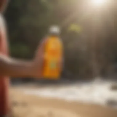 User applying Sun Bum Hand Sanitizer Spray before water activities