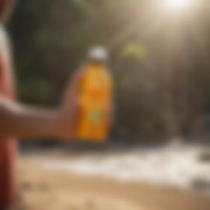 User applying Sun Bum Hand Sanitizer Spray before water activities