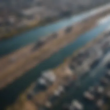 Aerial view of polluted river with industrial waste