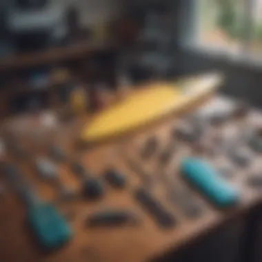 Surfboard maintenance tools laid out on a table