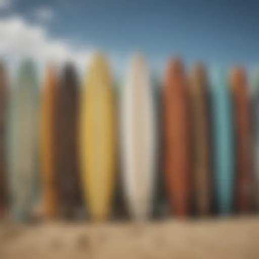 Various surfboard types displayed on the beach