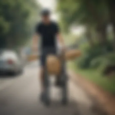 A cyclist transporting a longboard using a bike rack