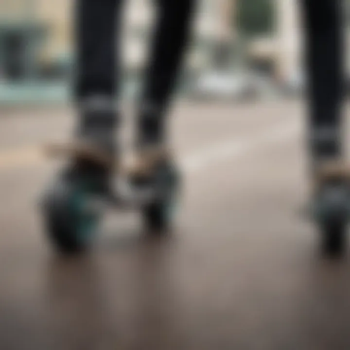 Close-up of longboard wheels in motion during a dance session