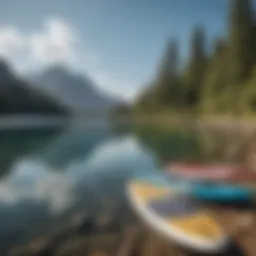 A serene lake with paddle boards of various lengths displayed on the shore.