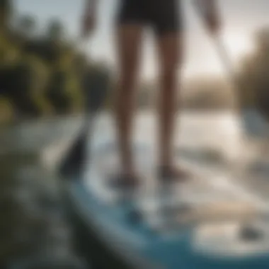 A close-up view of volume measurement on a paddle board.