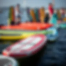 A diverse selection of watersport boards showcasing various lengths and designs