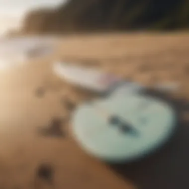 Local tide charts and surfboards resting on the beach