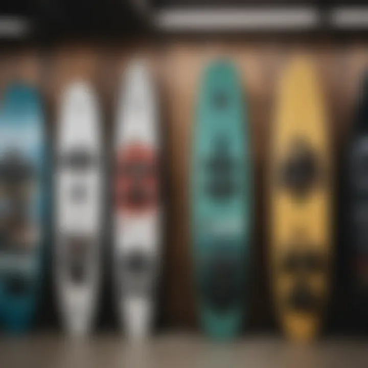 Different wakeboard sizes displayed on a rack