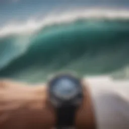 Close-up of a surfing watch displaying tide information