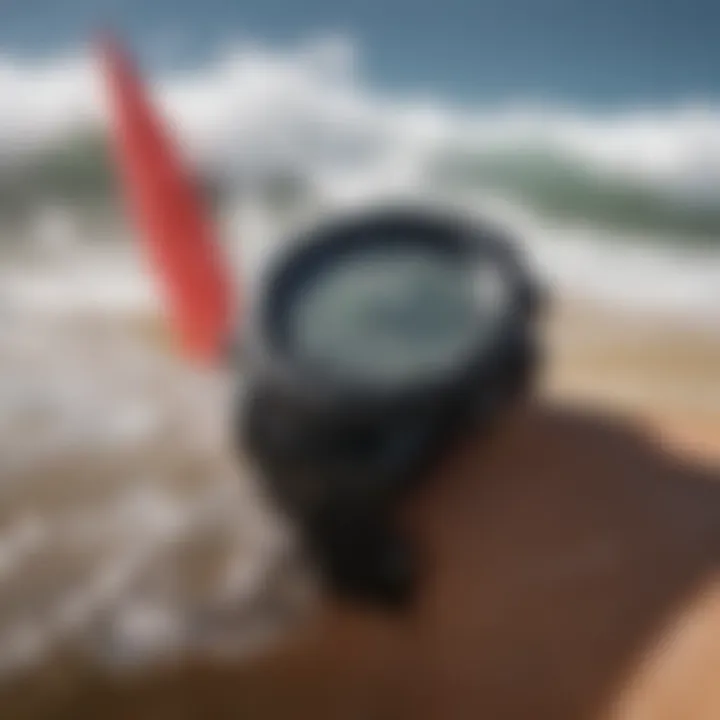 A watch with GPS features on a surfboard