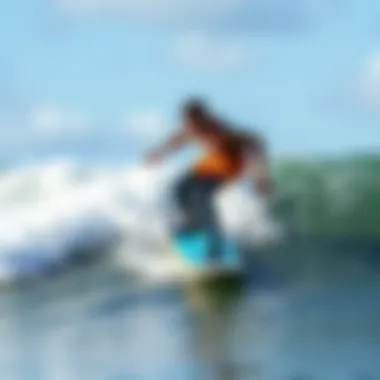 An individual enjoying skimboarding on a calm wave