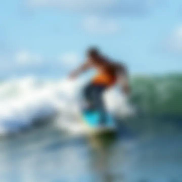 An individual enjoying skimboarding on a calm wave