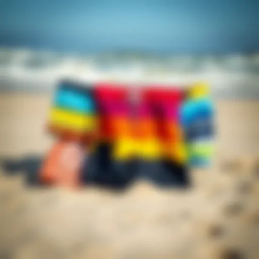 A selection of vibrant board shorts displayed on a sandy beach