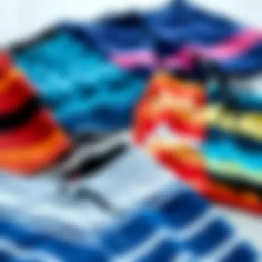 Different styles of board shorts laid out for comparison