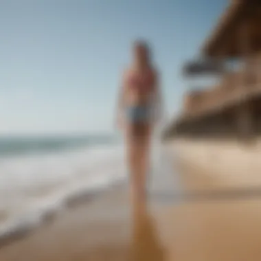 A scenic beach view featuring individuals enjoying water activities in boardwalk shorts.