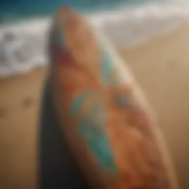 Colorful surfboard adorned with unique carve designs